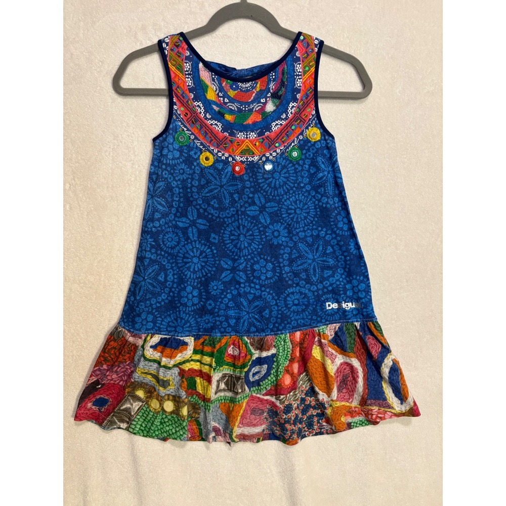 Desigual Uagadugu Girls Blue Mandala Embroidered Mirror Ruffle Dress Size 9/10